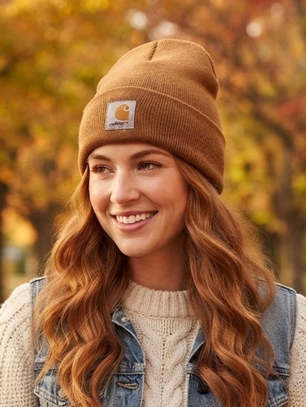 Carhartt Brown Acrylic Knit Cuffed Beanie Hat Brown Carhartt Patch 101070